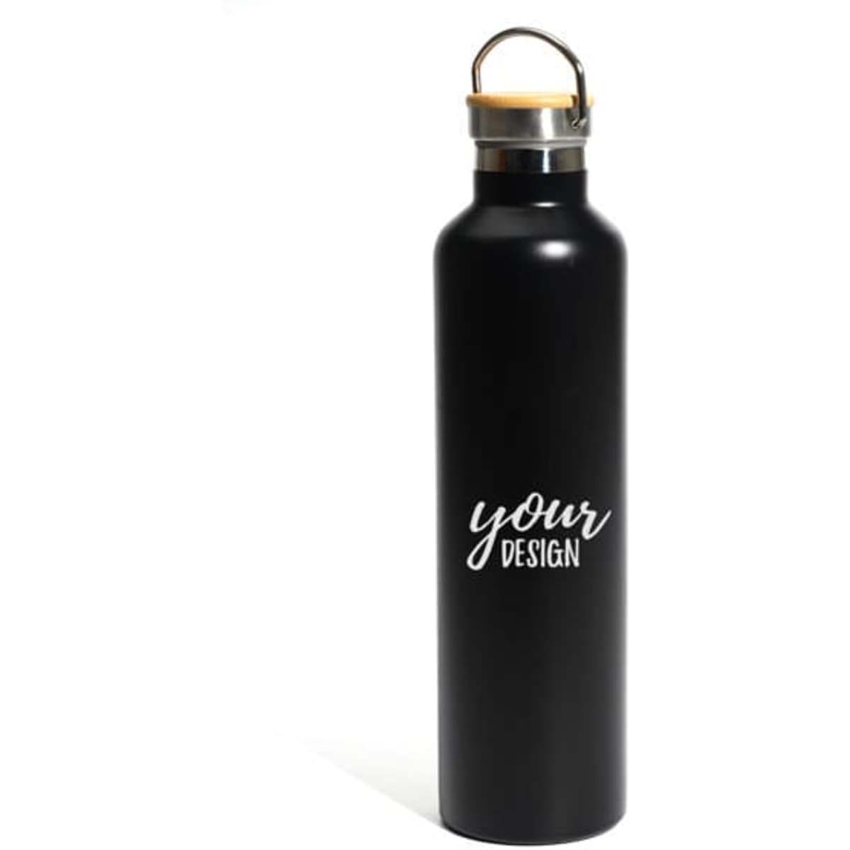A drink bottle in matte black featuring a metal carrying loop and a wooden top, with a branding element.