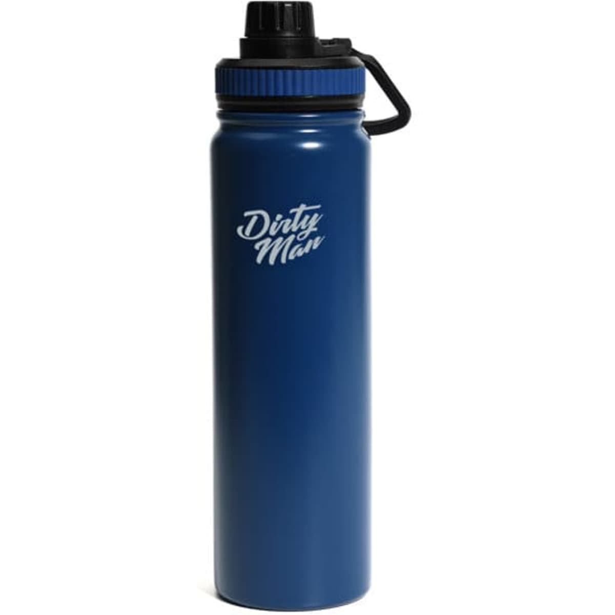 A drink bottle in matte blue finish, featuring a black screw cap and a handle, with a logo on the side.