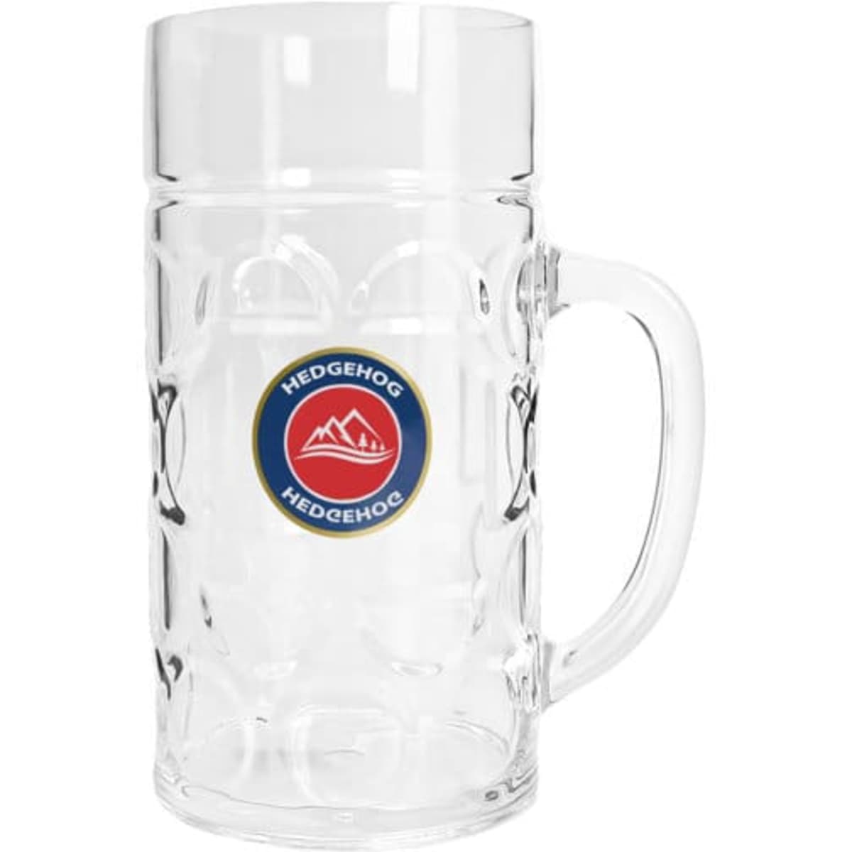 A clear glass beer mug with a handle and a circular logo attached, featuring a design on the front.