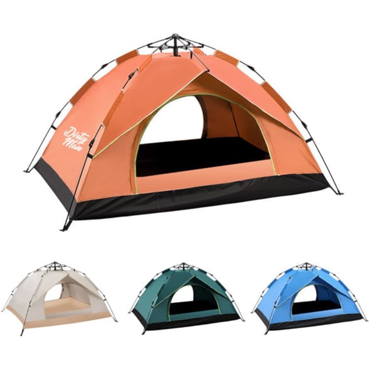 A two-person pop-up camping tent in orange, with black accents, alongside tents in cream, green, and blue.