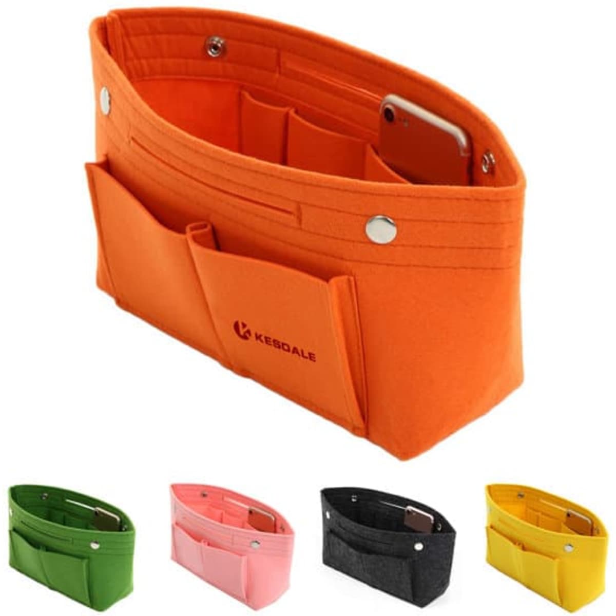 An orange felt cosmetic bag featuring multiple pockets, with additional options in green, pink, yellow, and black.