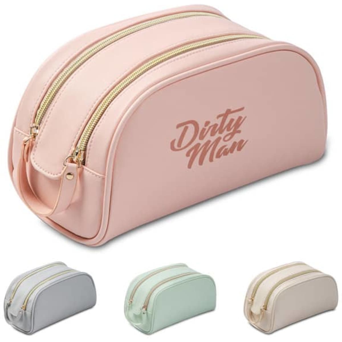 A double zipper cosmetic bag in pastel pink, featuring a gold zipper and a logo, alongside grey, mint green, and white variations.