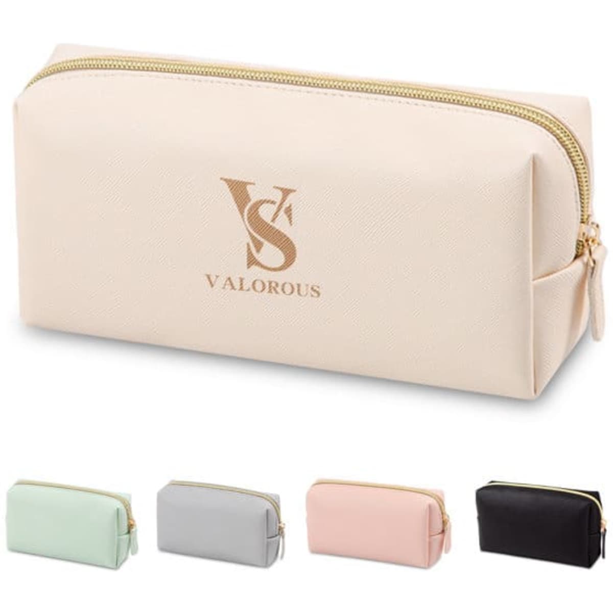A cosmetic bag in beige with a zip closure and a logo, alongside bags in mint, grey, pink, and black.