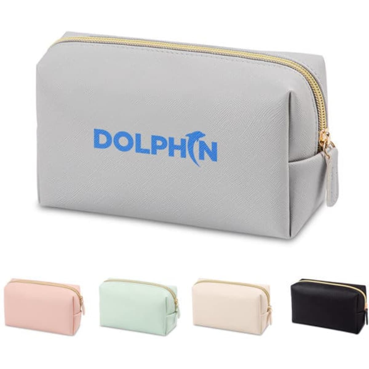 A Portable PU Cosmetic Bag in grey with a zip closure, featuring a logo. Also available in pink, mint, cream, and black.