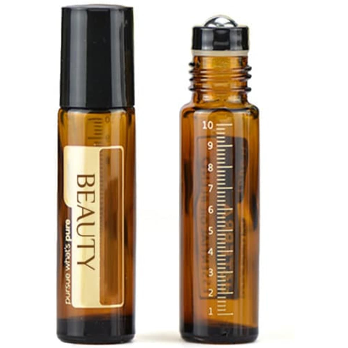 A 10ml essential oil roller bottle in amber glass with a black cap. Includes a measuring scale and a logo.