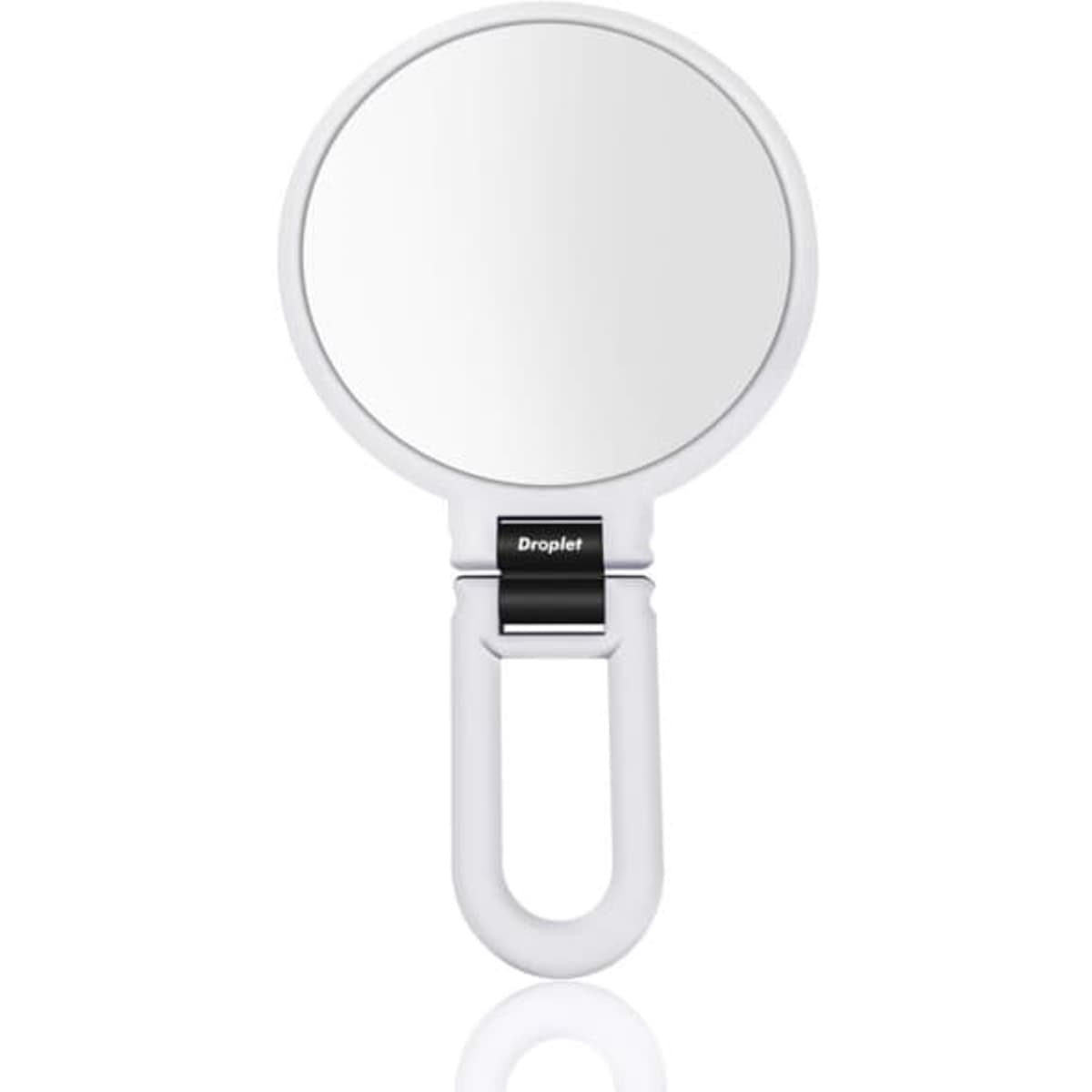A white handheld magnifying makeup mirror with a circular reflective surface and a sleek handle. The product features a branding logo.