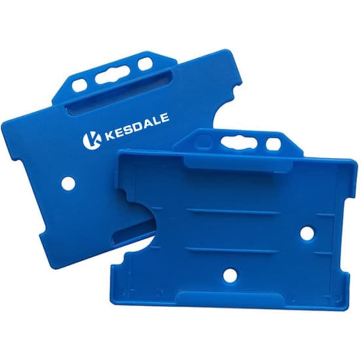 A blue plastic ID badge card holder featuring cut-out sections and a logo. Suitable for exhibitions and events.