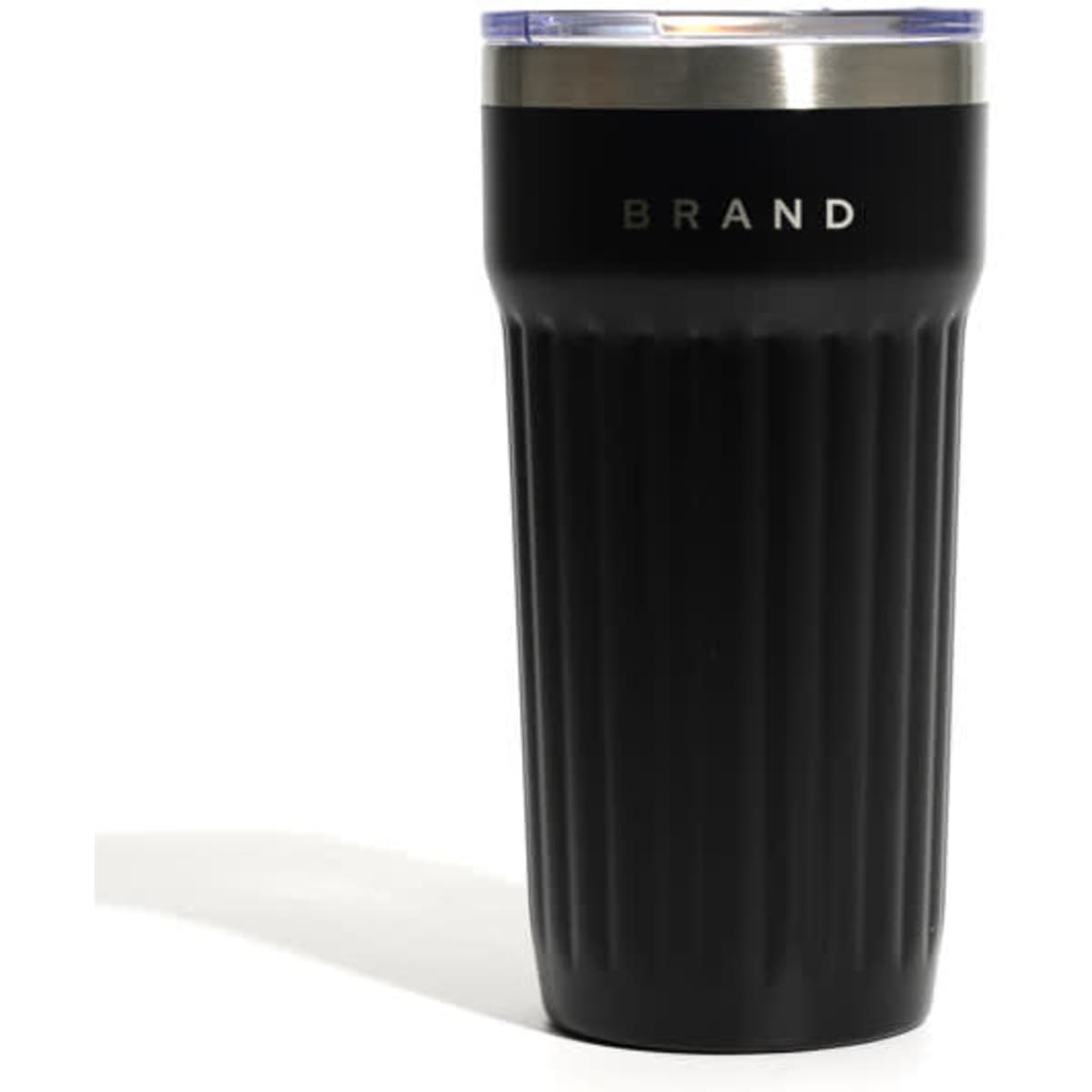 A drink bottle with a ribbed black exterior, transparent lid, and metal trim, featuring a logo.