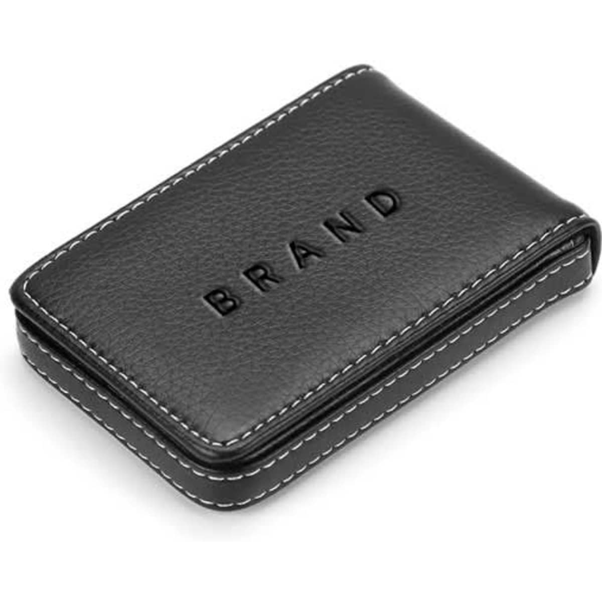A black PU leather business card holder with white stitching and a logo on the front.