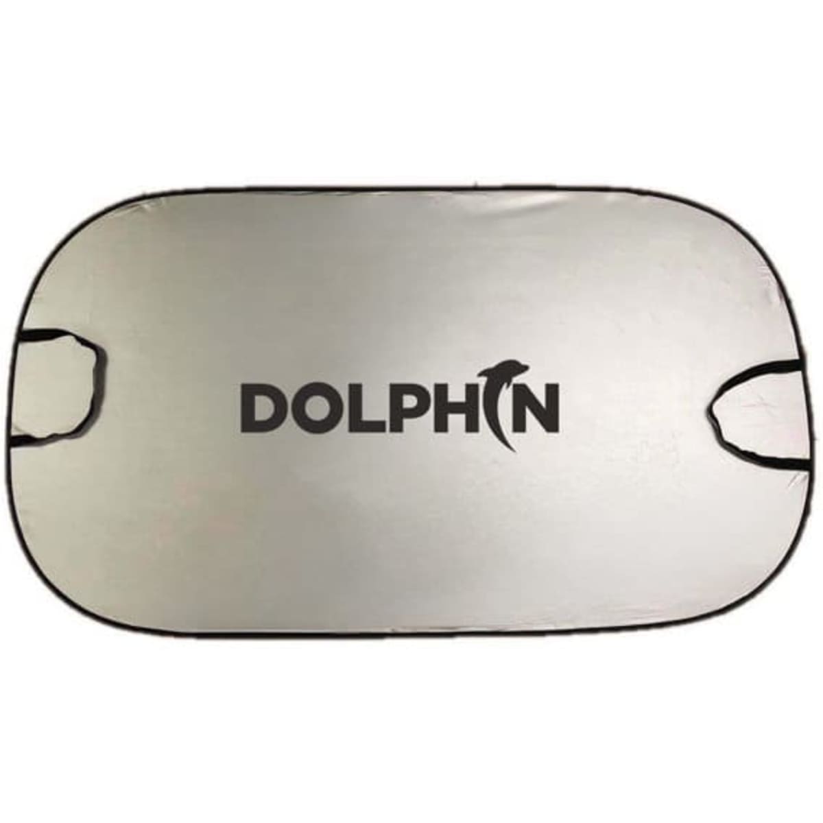 A custom car windshield sun shade in silver with a black logo. Features two openings for easy installation.