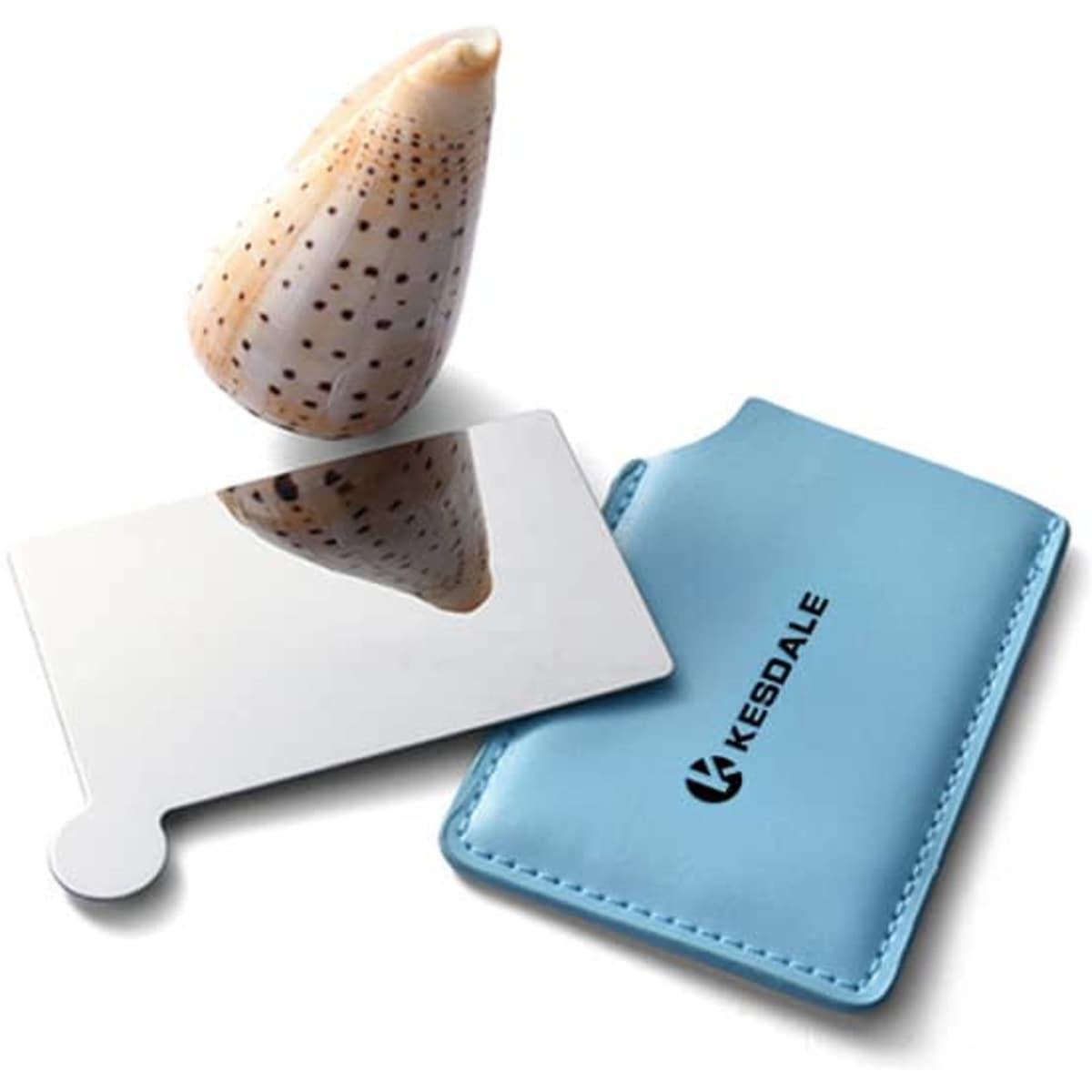 A small blue PU case containing a compact, rectangular mirror alongside a shell. The case features a logo.