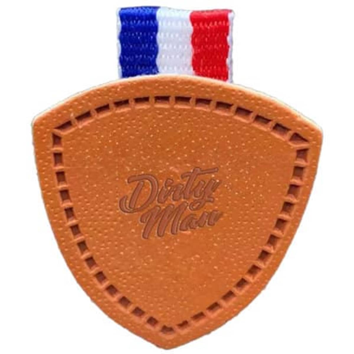 A custom PU leather label in a brown shield shape with a colourful striped loop on top.