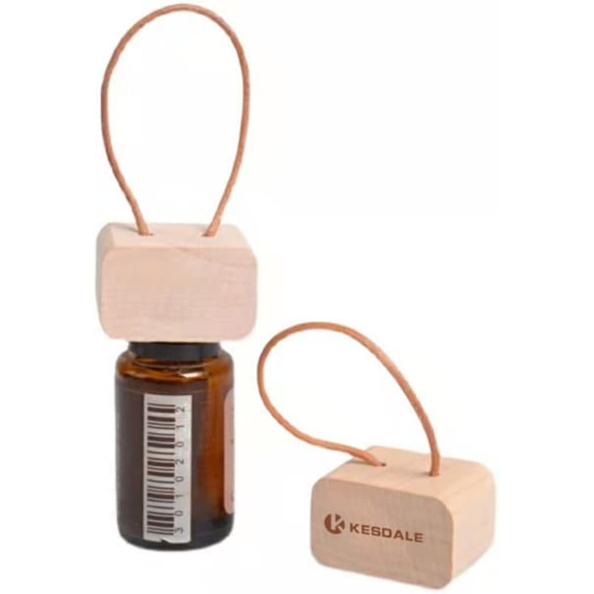 A custom wooden bottle cap in natural colour with a leather loop, featuring a logo. Ideal for essential oil bottles.