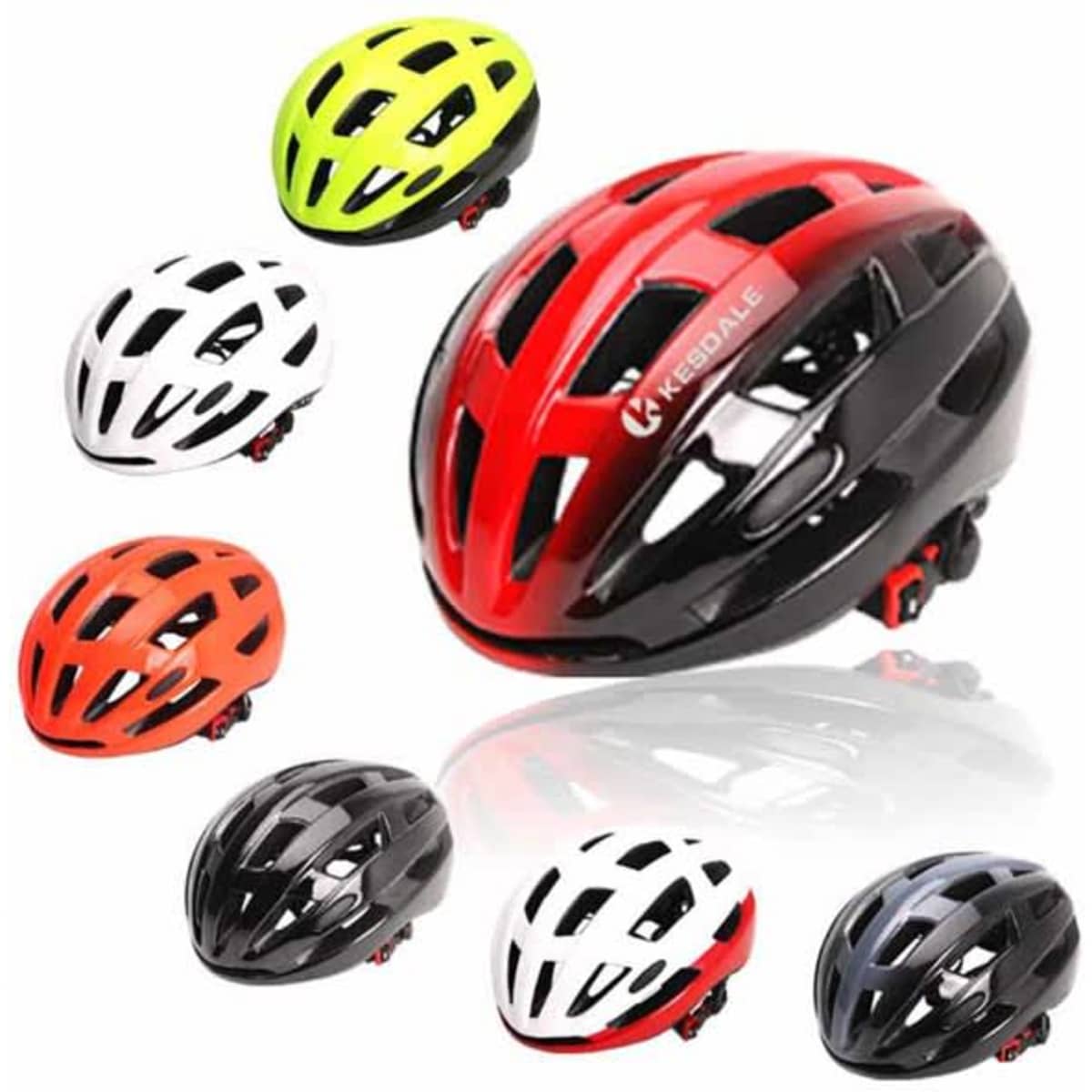 A collection of outdoor mountain bike helmets in various colours: red, black, white, orange, and neon yellow. Some helmets feature logos.