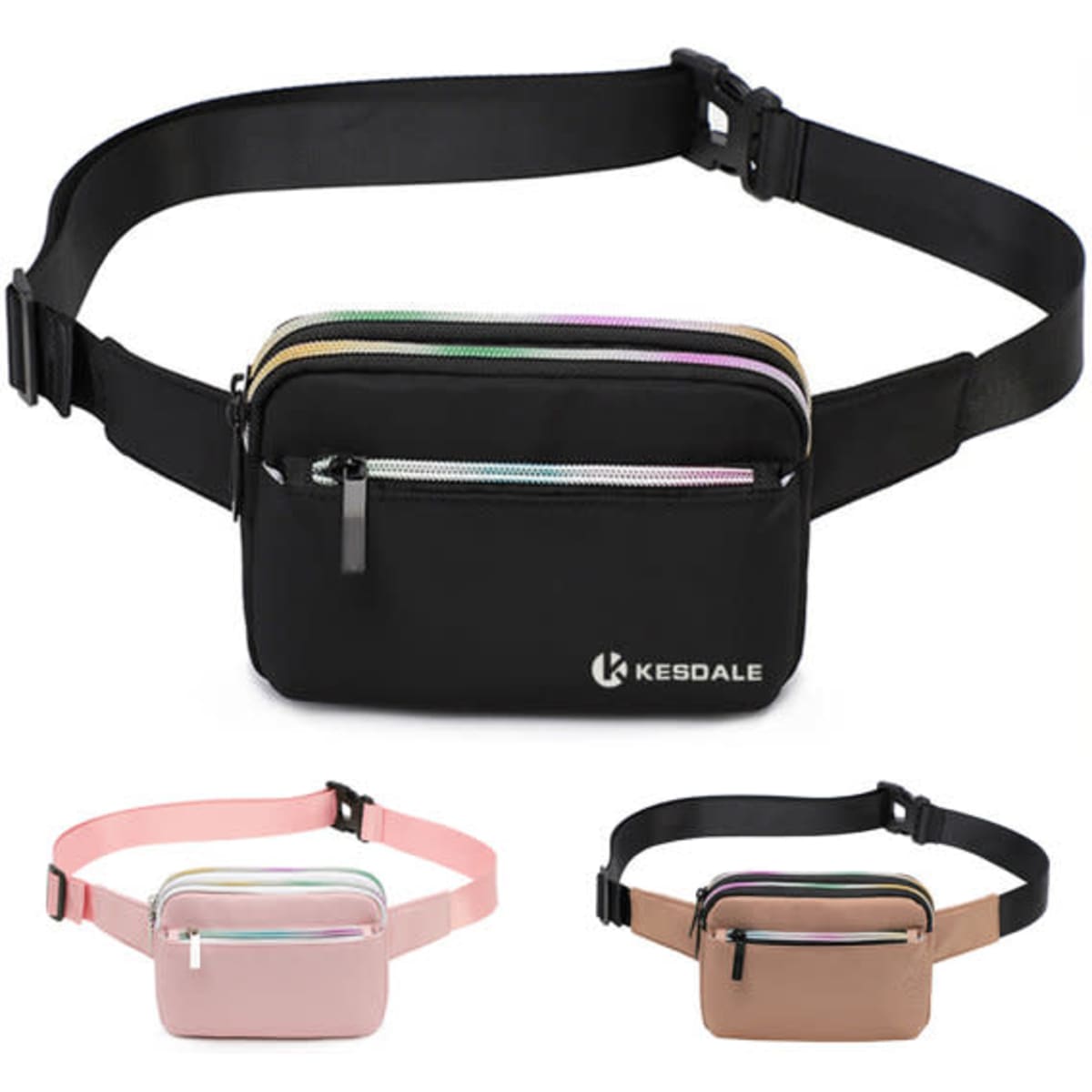 A black fanny pack with adjustable belt, featuring multiple zippered compartments, shown alongside pink and beige variants.