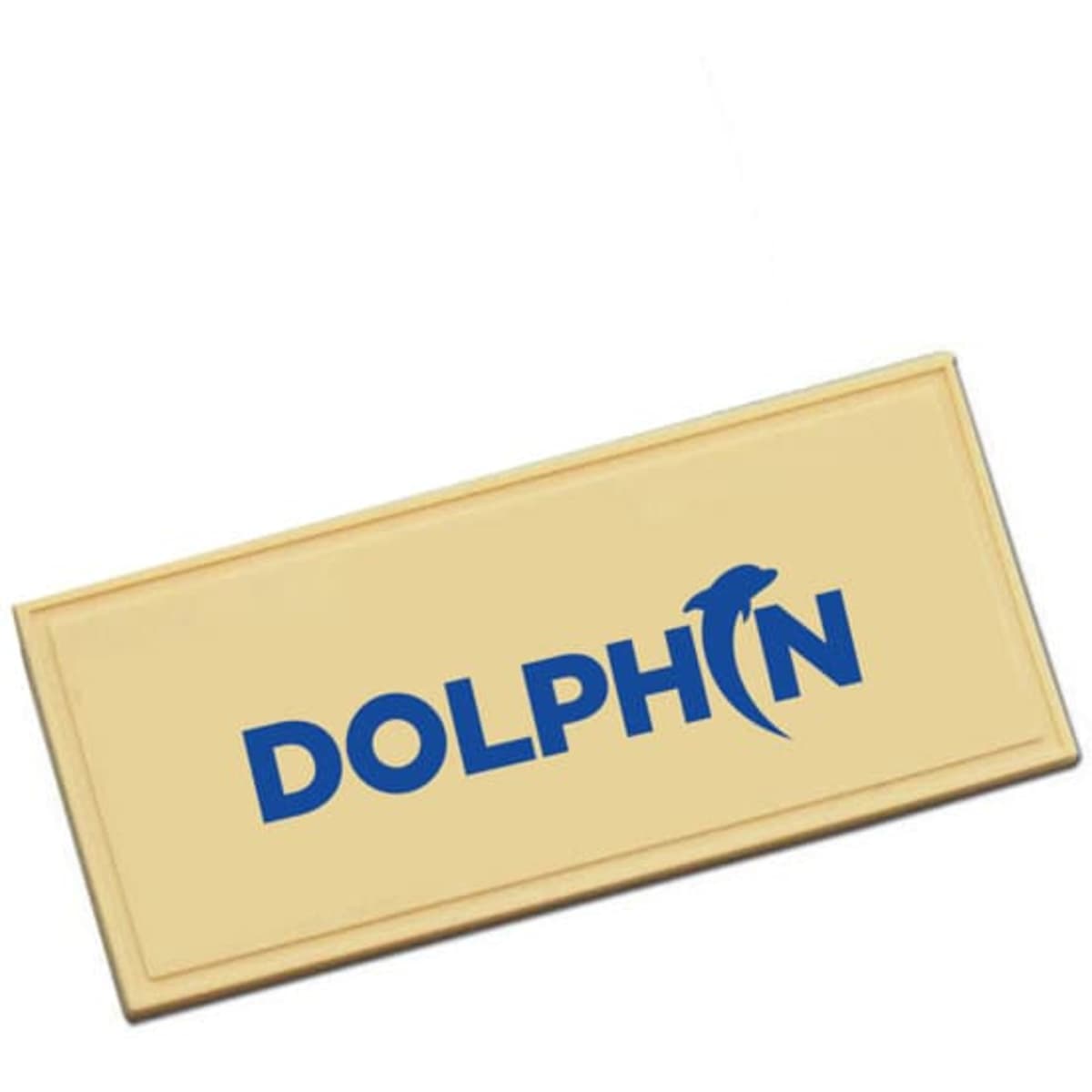 A soft PVC hook and loop patch in beige with a blue logo. The patch is rectangular in shape.