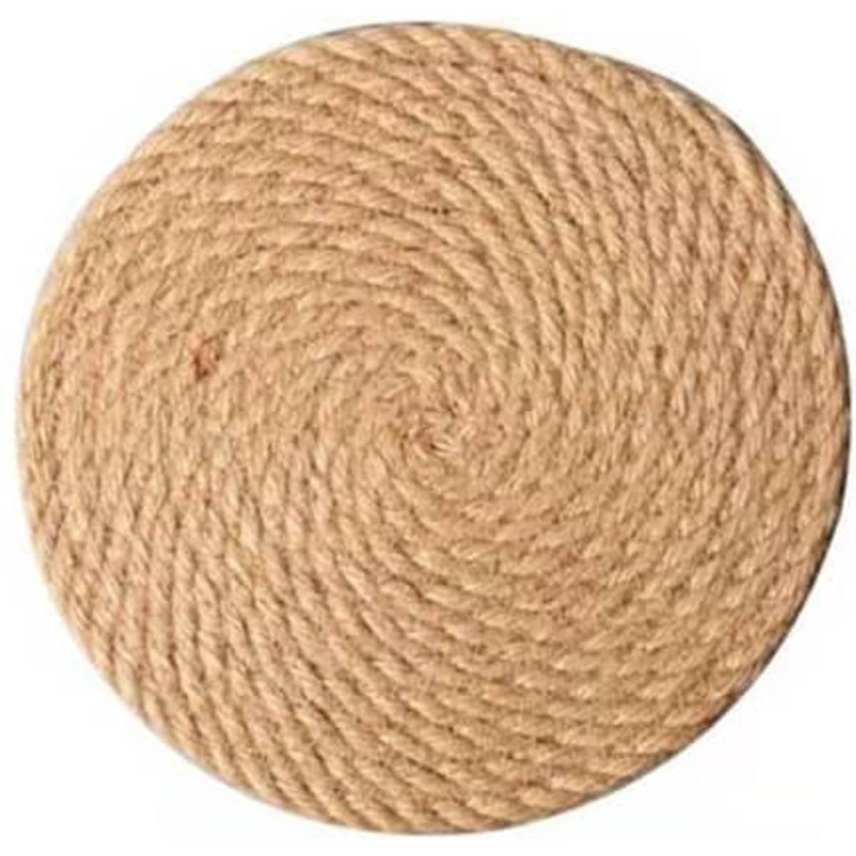 A round, woven placemat in a natural beige tone, featuring a spiral pattern. It includes a logo.
