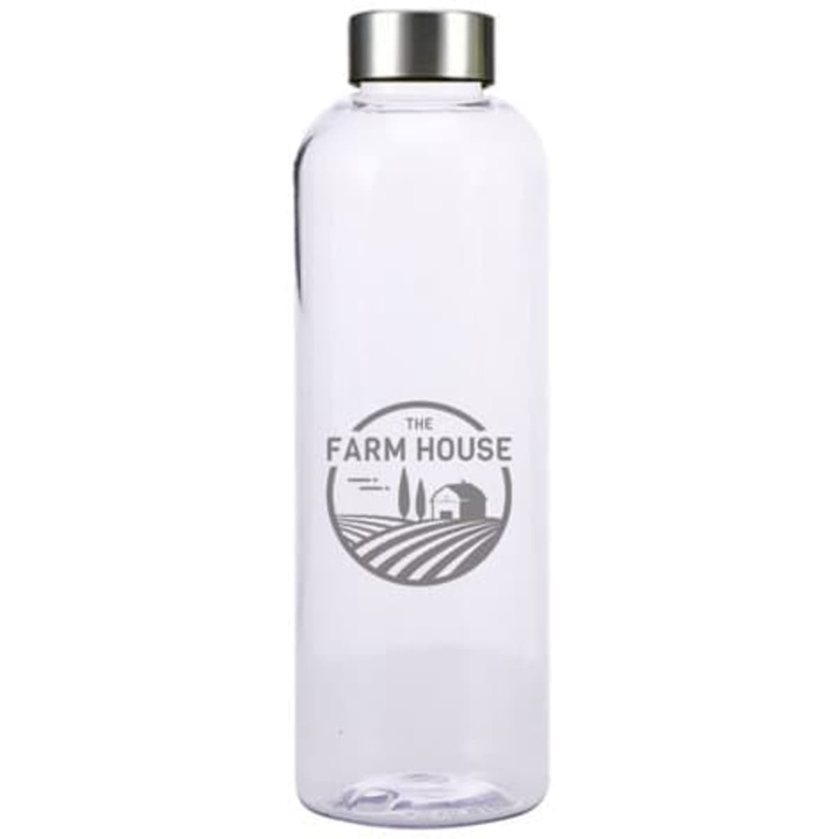 A drink bottle with a clear body and silver lid, featuring a circular logo design.