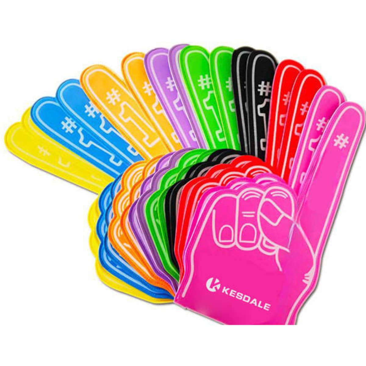 A variety of EVA foam cheering gloves in different colours, with a raised hand design and branding.