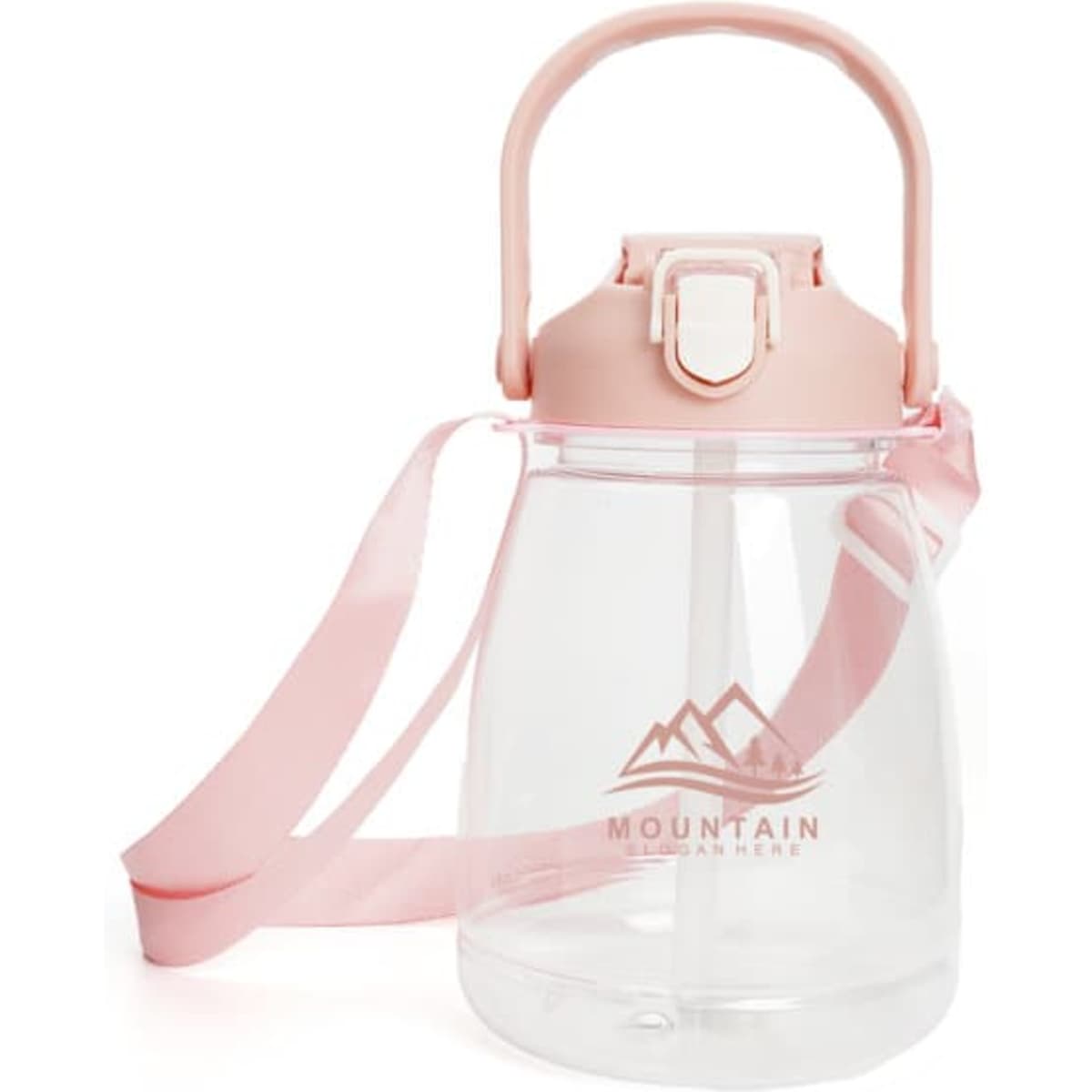 A drink bottle with a clear body and pink lid, featuring a carry strap and a logo on the front.