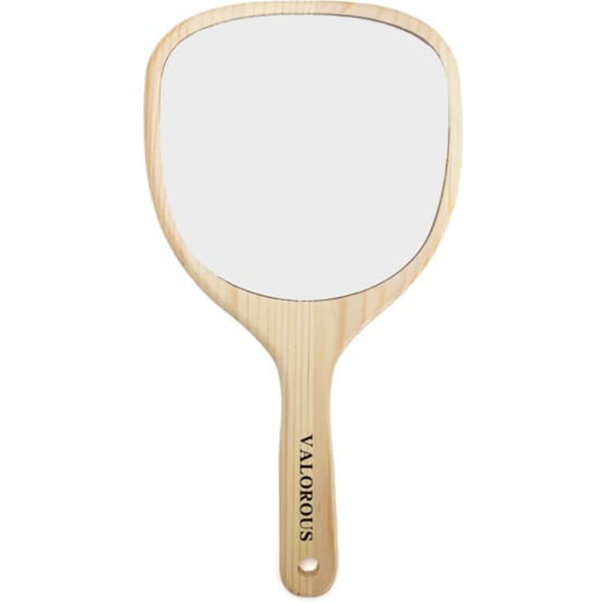 A wooden handheld mirror with a light wooden finish and a rectangular reflective surface, featuring a logo.