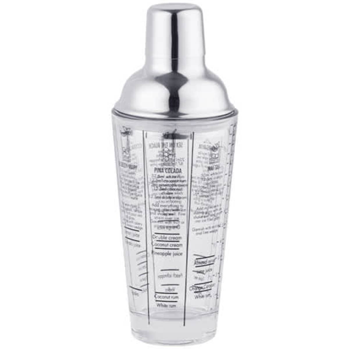 A cocktail shaker with a silver finish and measurement markings, featuring a logo on its surface.