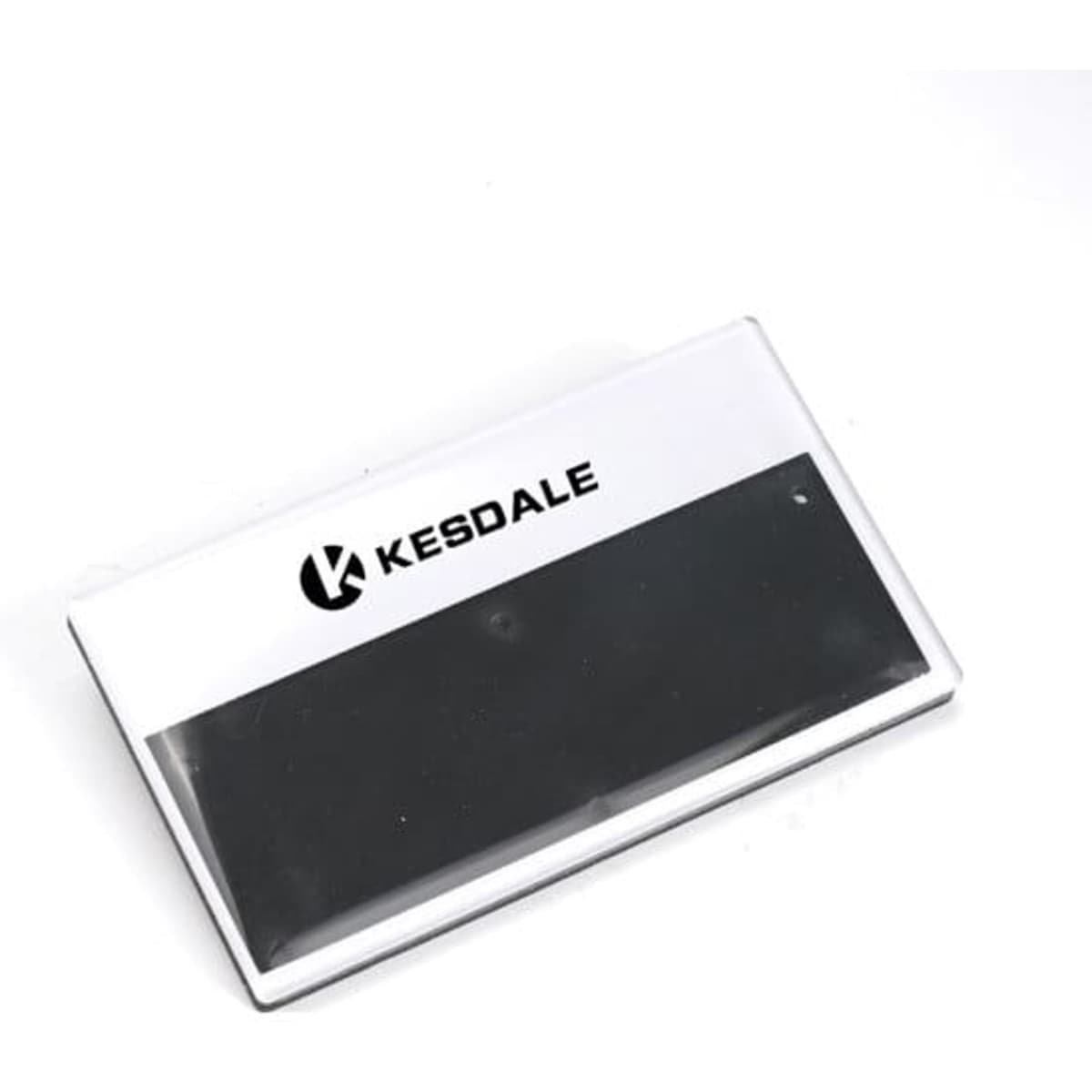 Acrylic name badge with a black magnetic area and a logo on the front, featuring a clear background.