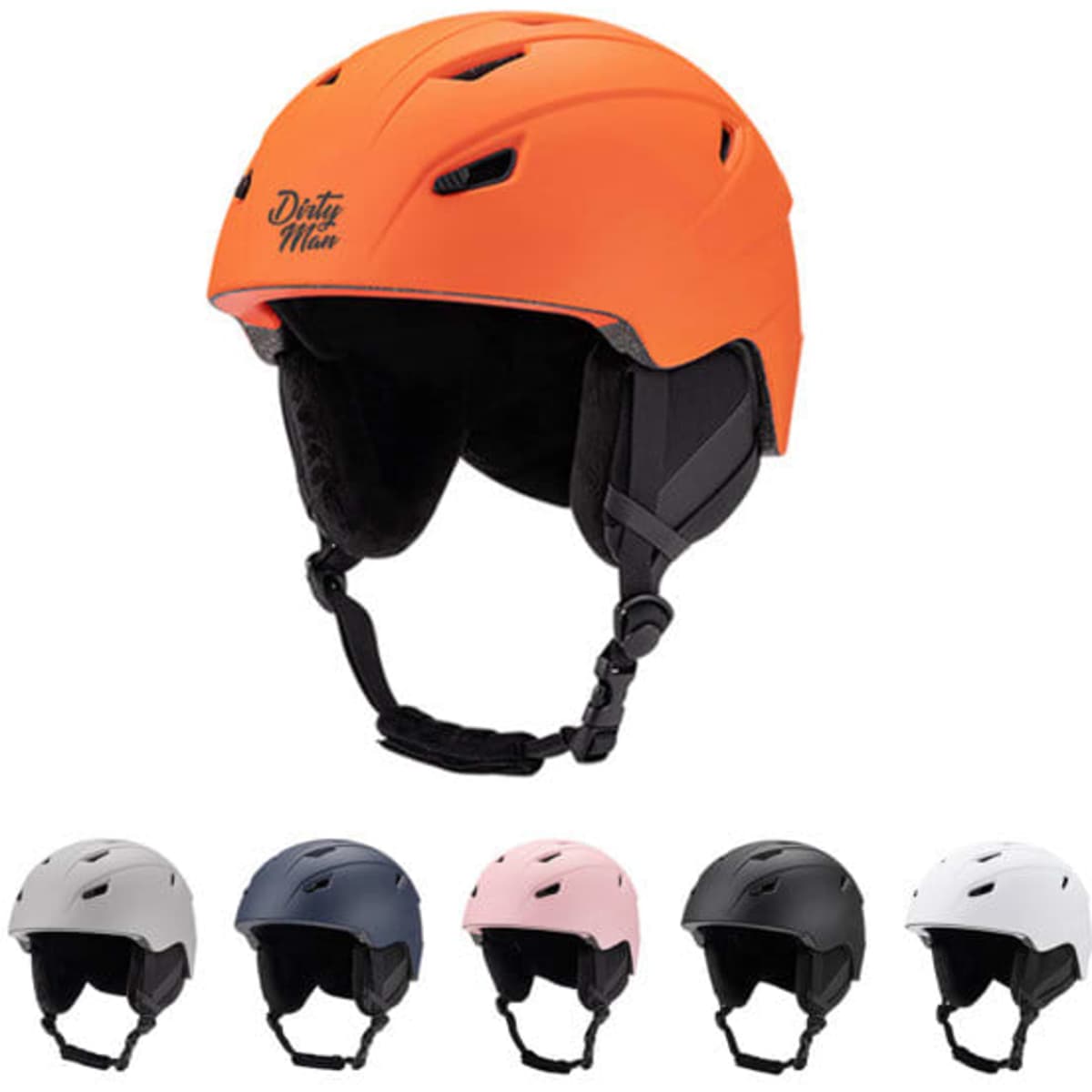 An orange ski helmet with ear padding and a chin strap, alongside five additional helmets in various colours.