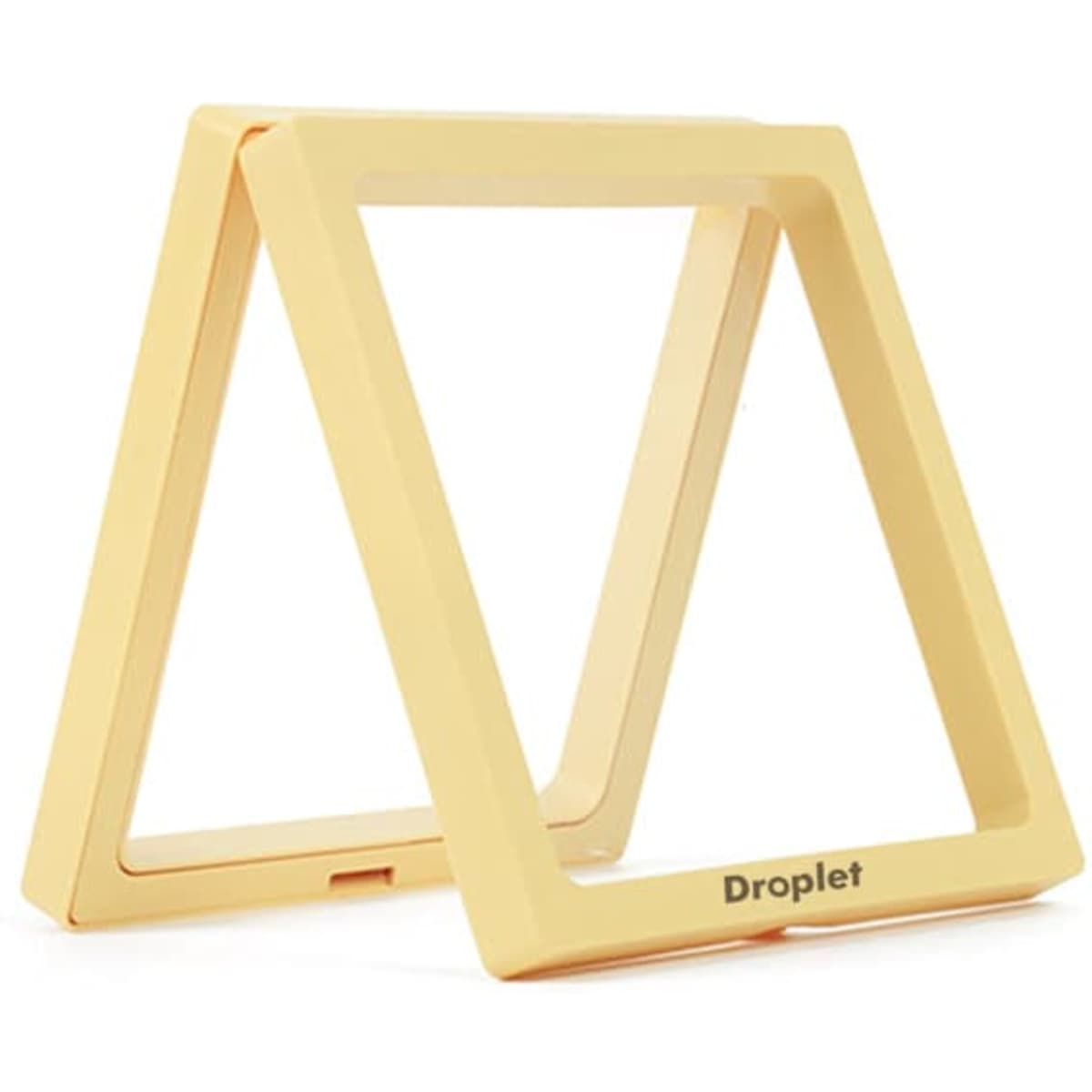 A triangular display stand in a soft yellow hue, featuring a brand logo at the base.