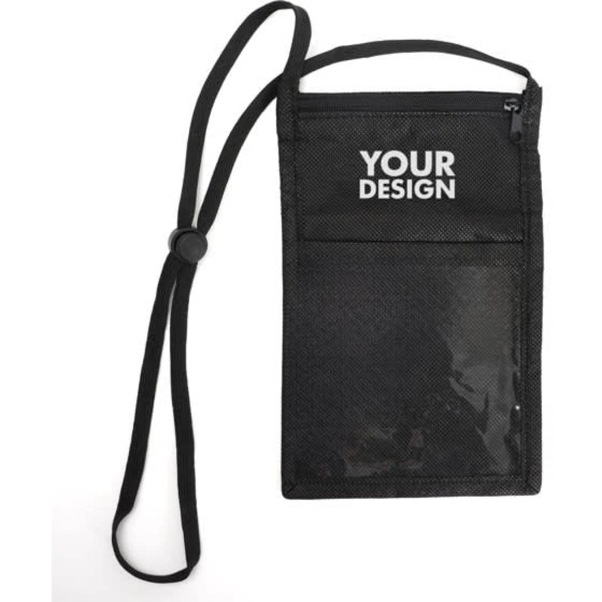 A black neck pouch with a cord and a zippered compartment, featuring a transparent front for custom design.