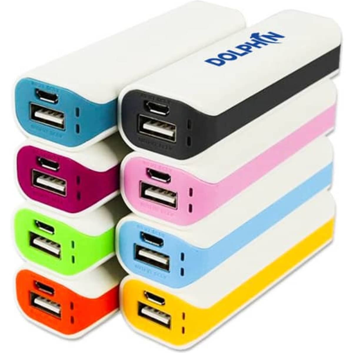 A collection of portable power banks in various colours, including white, black, pink, green, orange, and blue, featuring multiple USB ports.