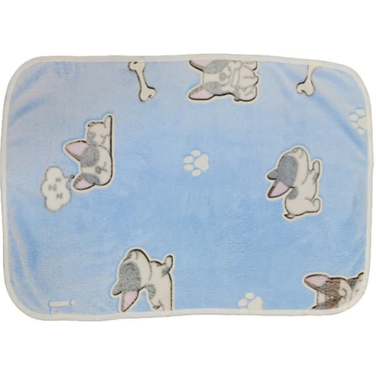 A soft blue flannel pet blanket featuring playful dog and bone patterns, bordered with white. Includes a logo.