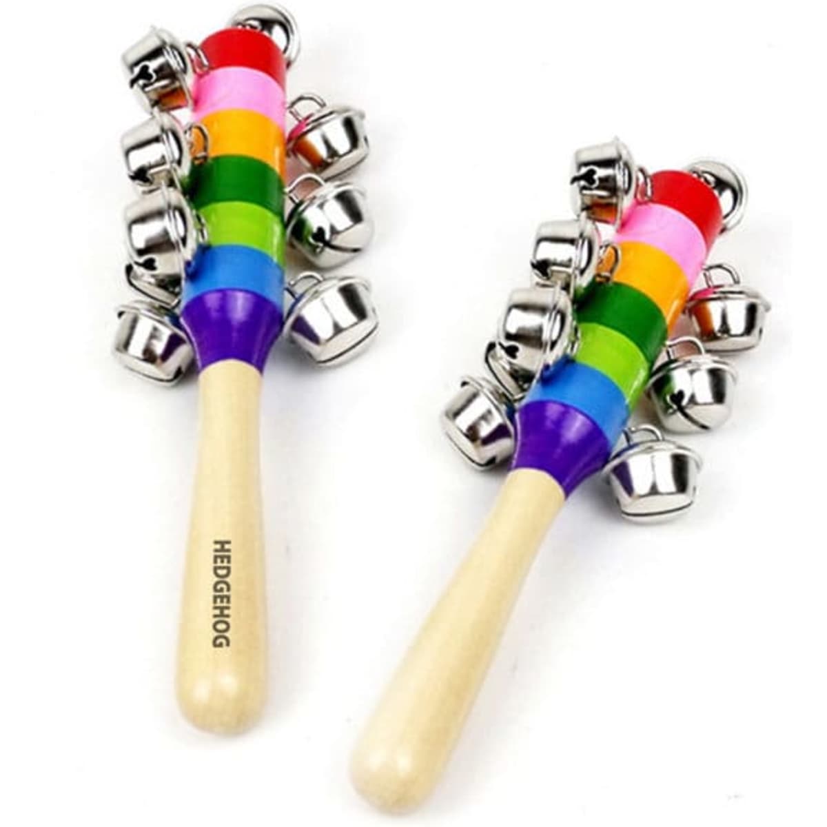 Two wooden jingle handle bells with a rainbow-striped design and silver bells attached, featuring a light wooden handle.