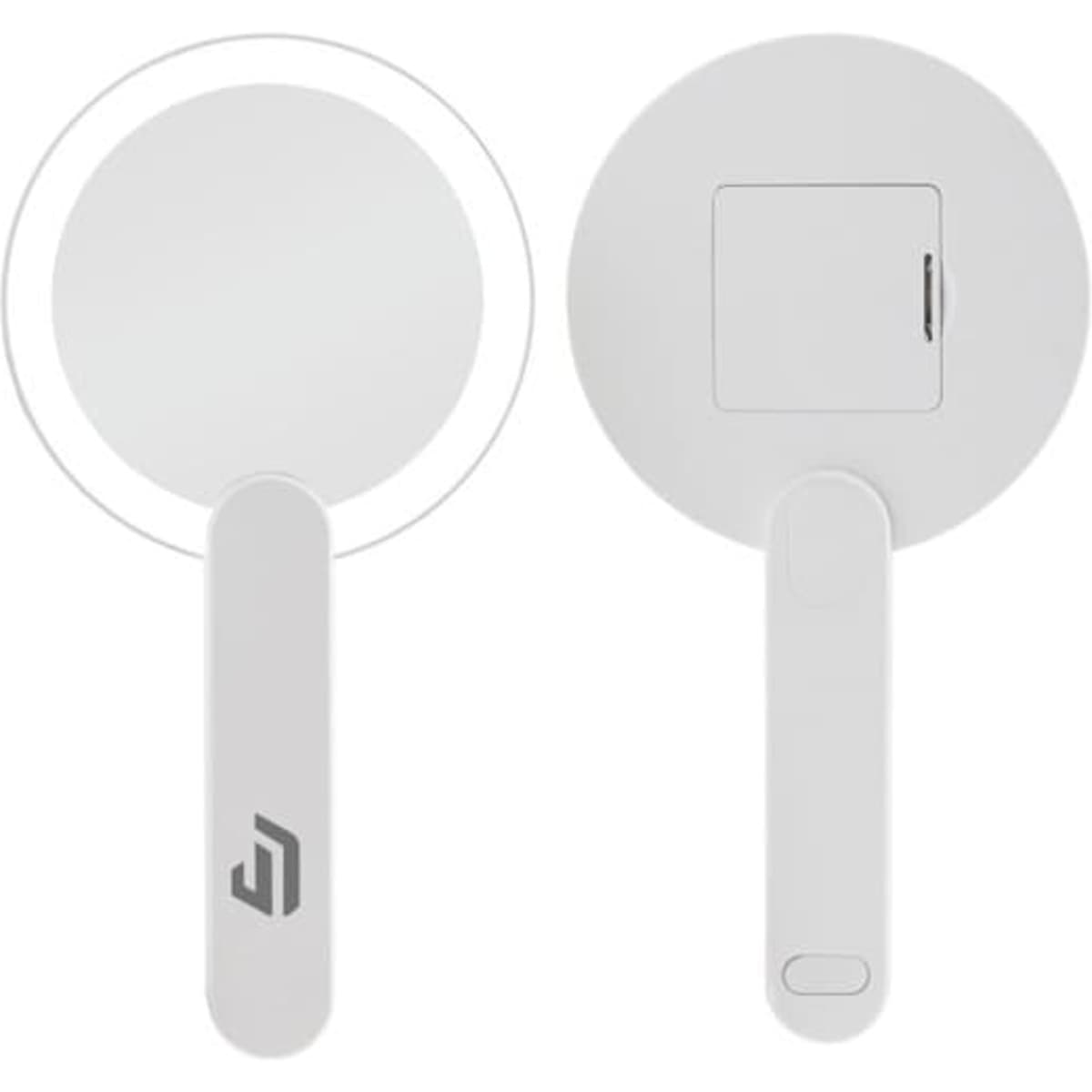 A lighted makeup mirror with a handle, featuring a sleek white design and a branding logo.