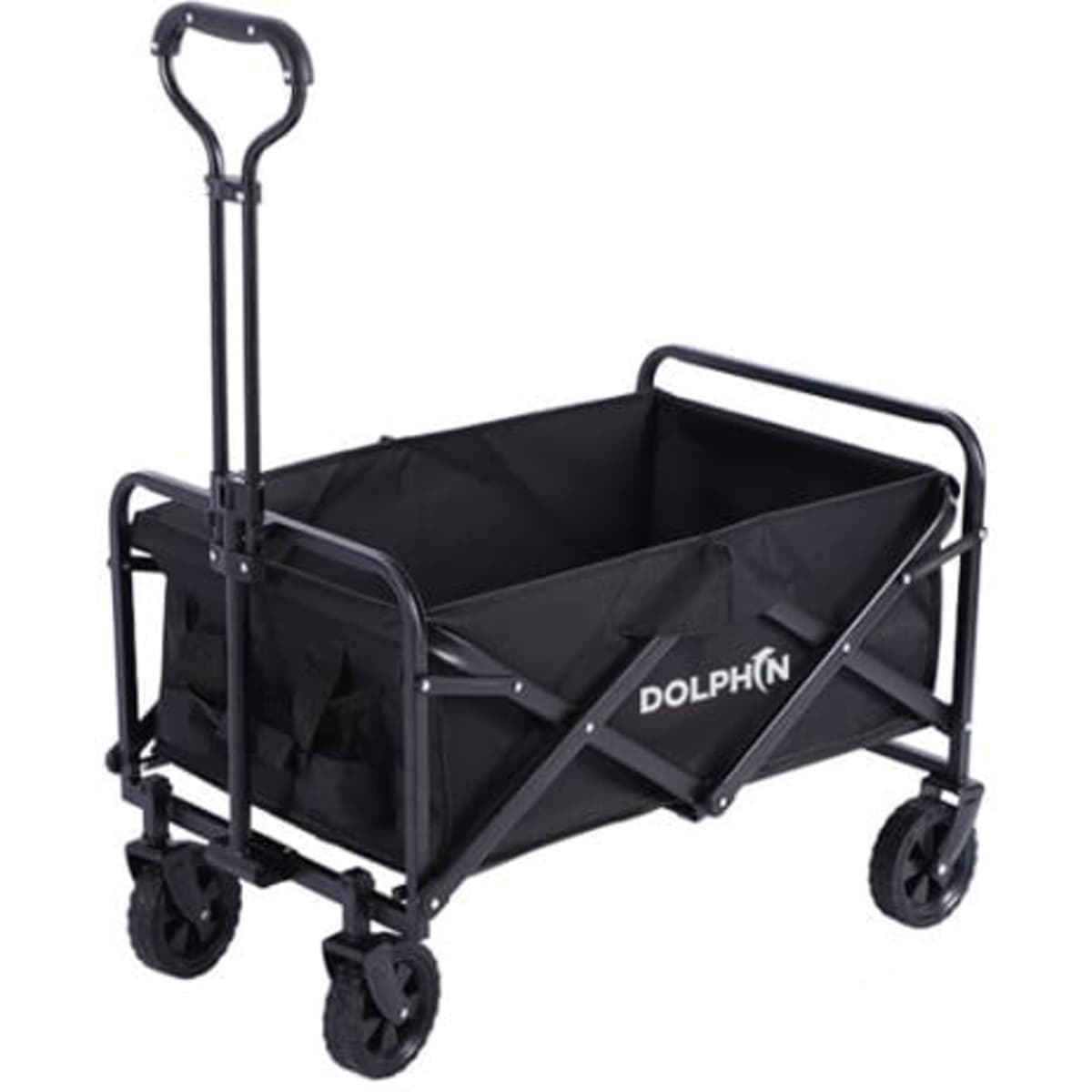 A black folding outdoor camping wagon with a sturdy frame and wheels, featuring a handle for easy transport.