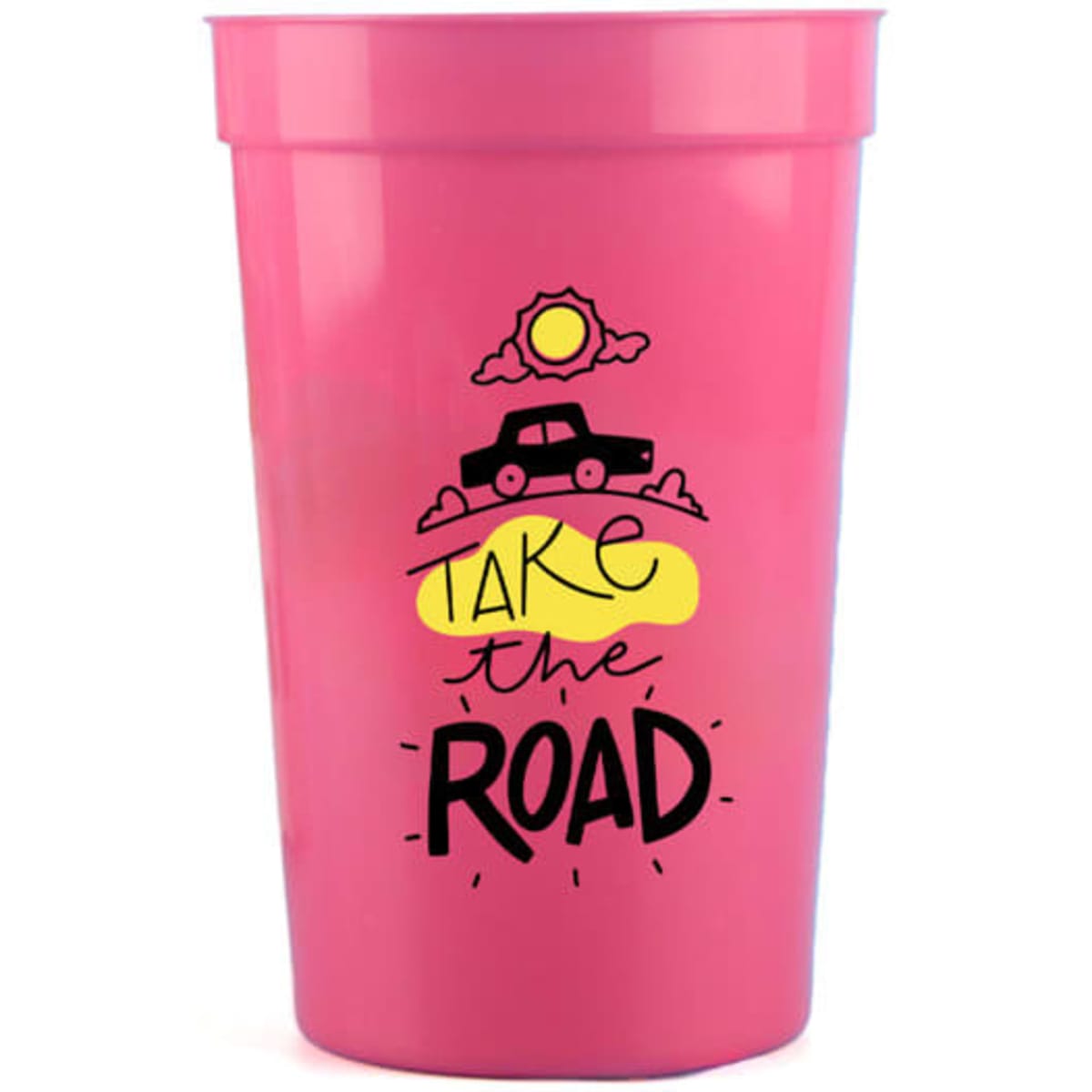 A pink plastic stadium cup featuring a graphic design, including a car and sun illustration, with branding.