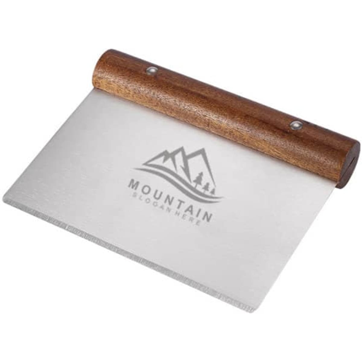 A stainless steel scraper with a non-slip wooden handle, featuring a logo on the handle.