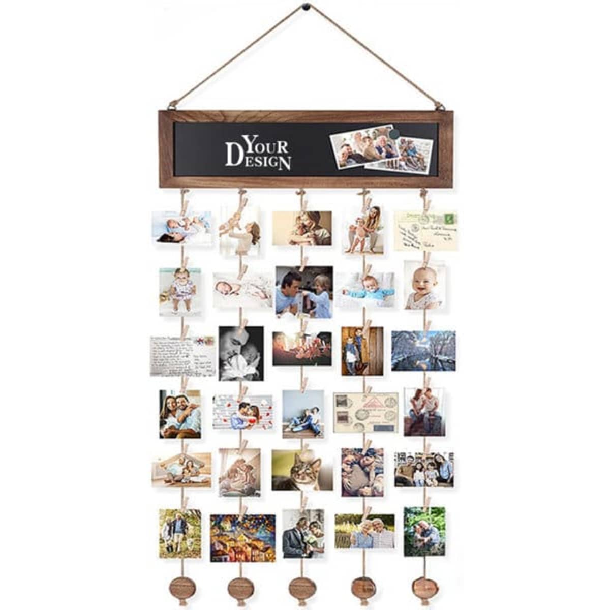 A wooden hanging photo display with clips, featuring multiple clips for displaying photos, in a rustic style.