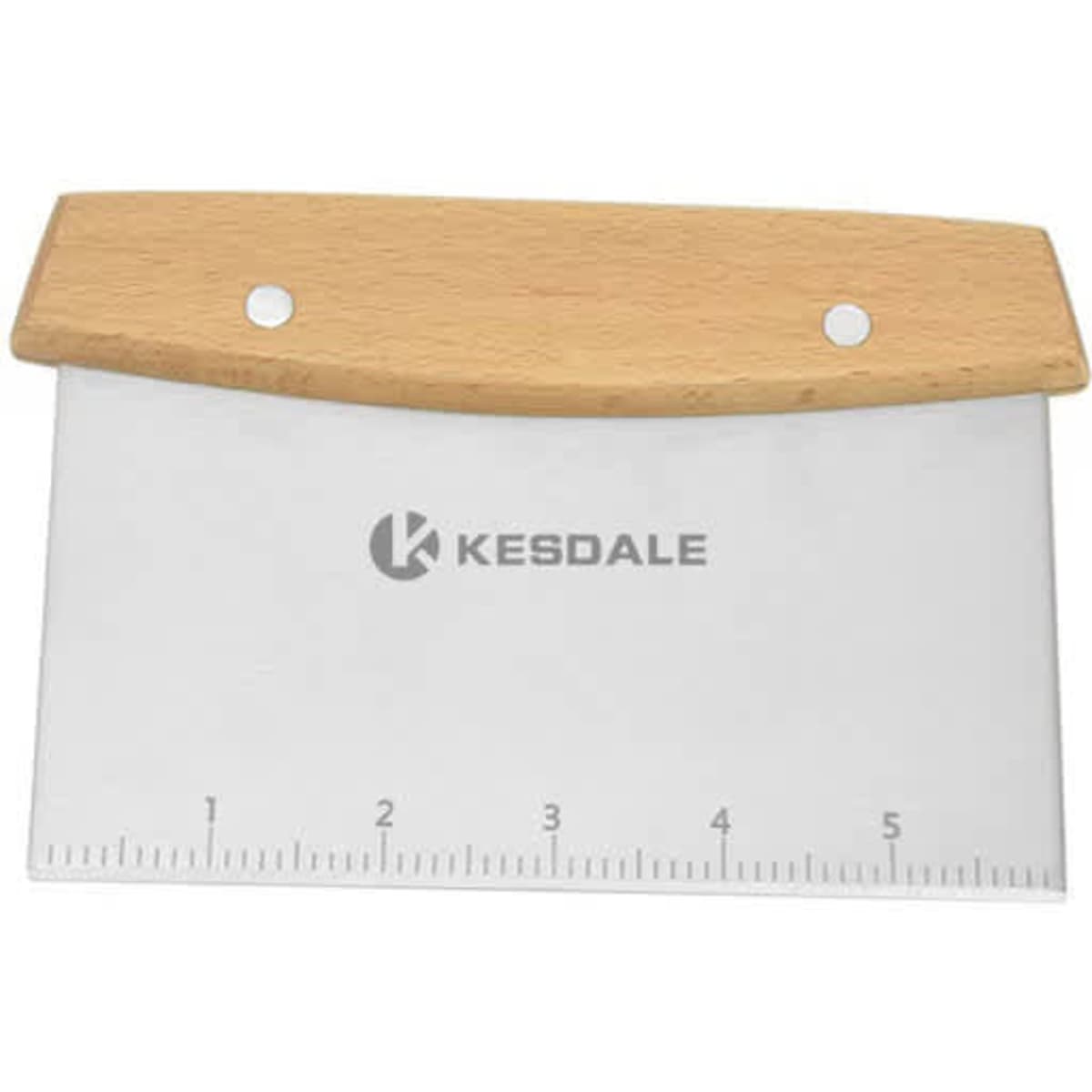 A stainless steel griddle scraper with a wooden handle, featuring measurement markings and a logo.