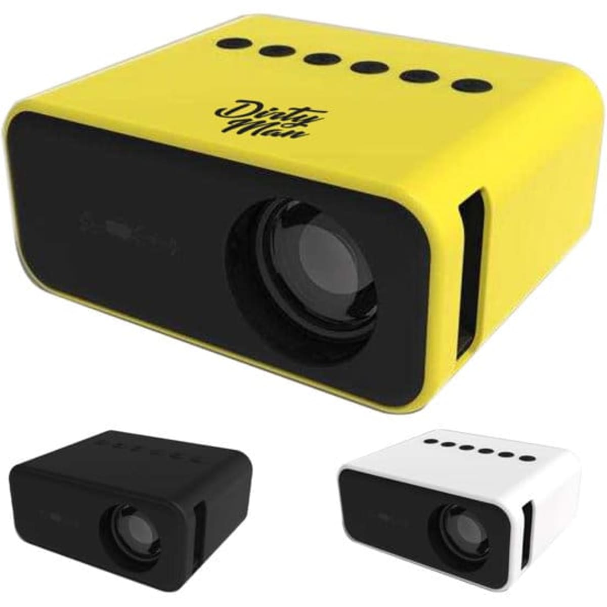 A portable pocket projector in yellow, with black and white models displayed nearby. It has a sleek design and a logo.