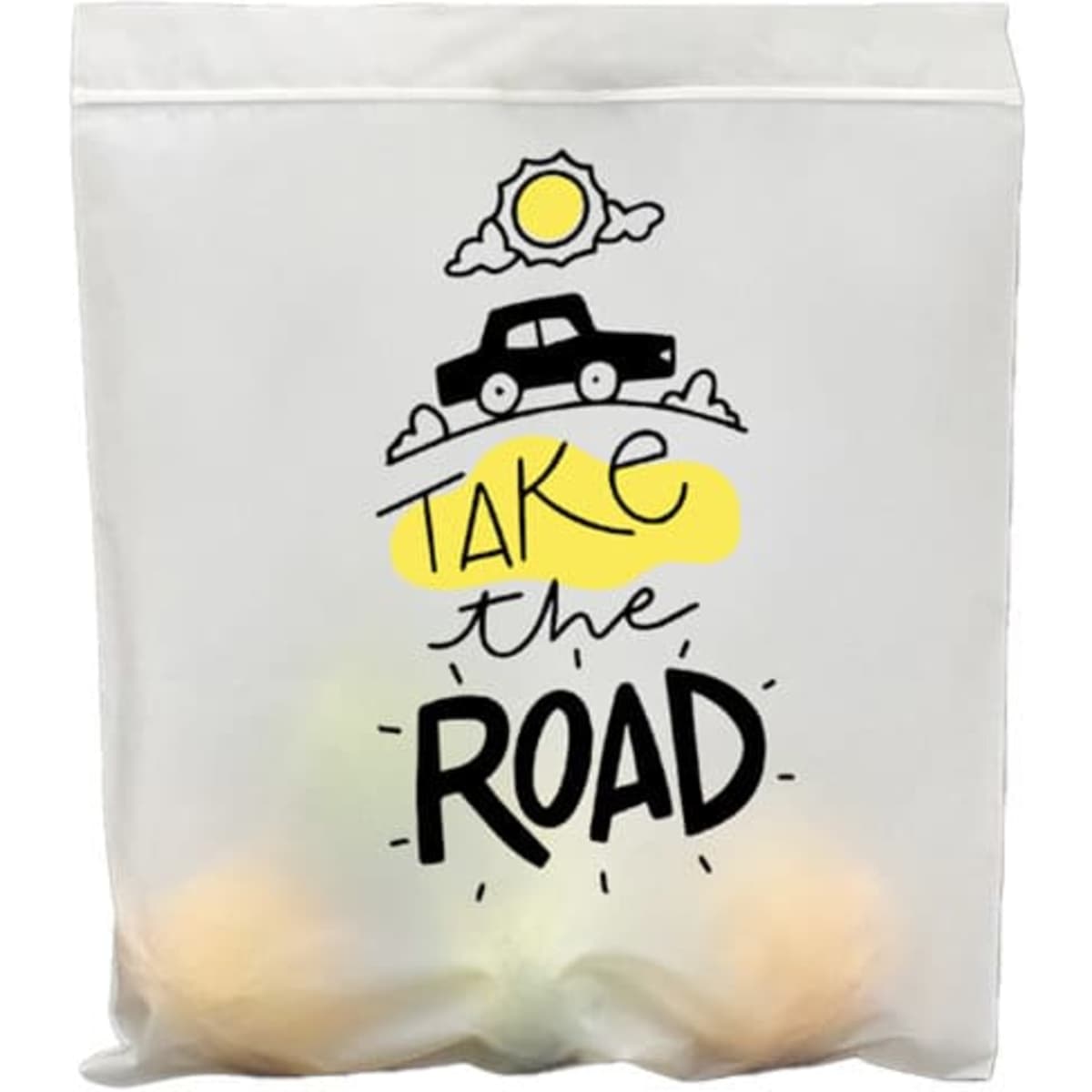 A white biodegradable self-sealing bag with a printed design featuring a car, sun, and text.