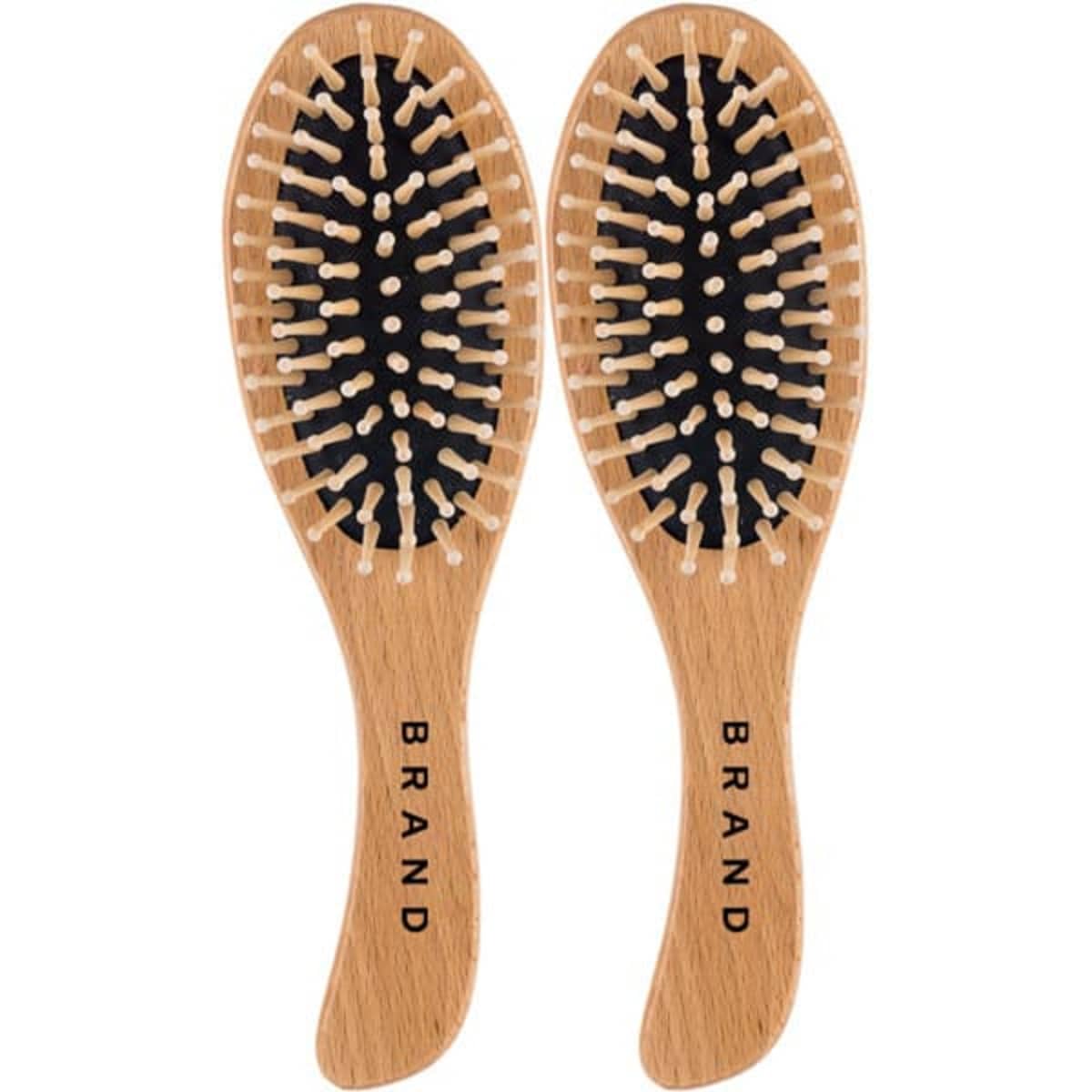 A sustainable bamboo hair brush with a natural wooden finish and black bristles, featuring a logo.