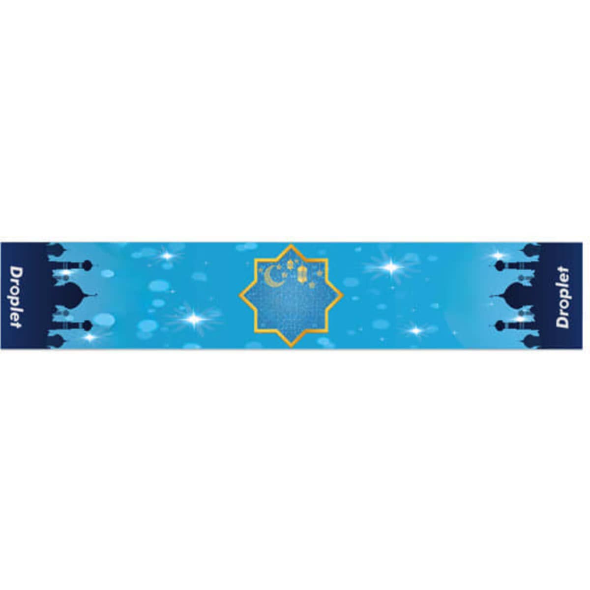 A long table runner in blue with decorative elements and a central design, featuring a logo on the sides.