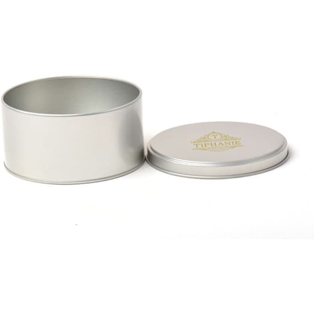 A round metal container in silver with a top lid, featuring a logo on the lid.