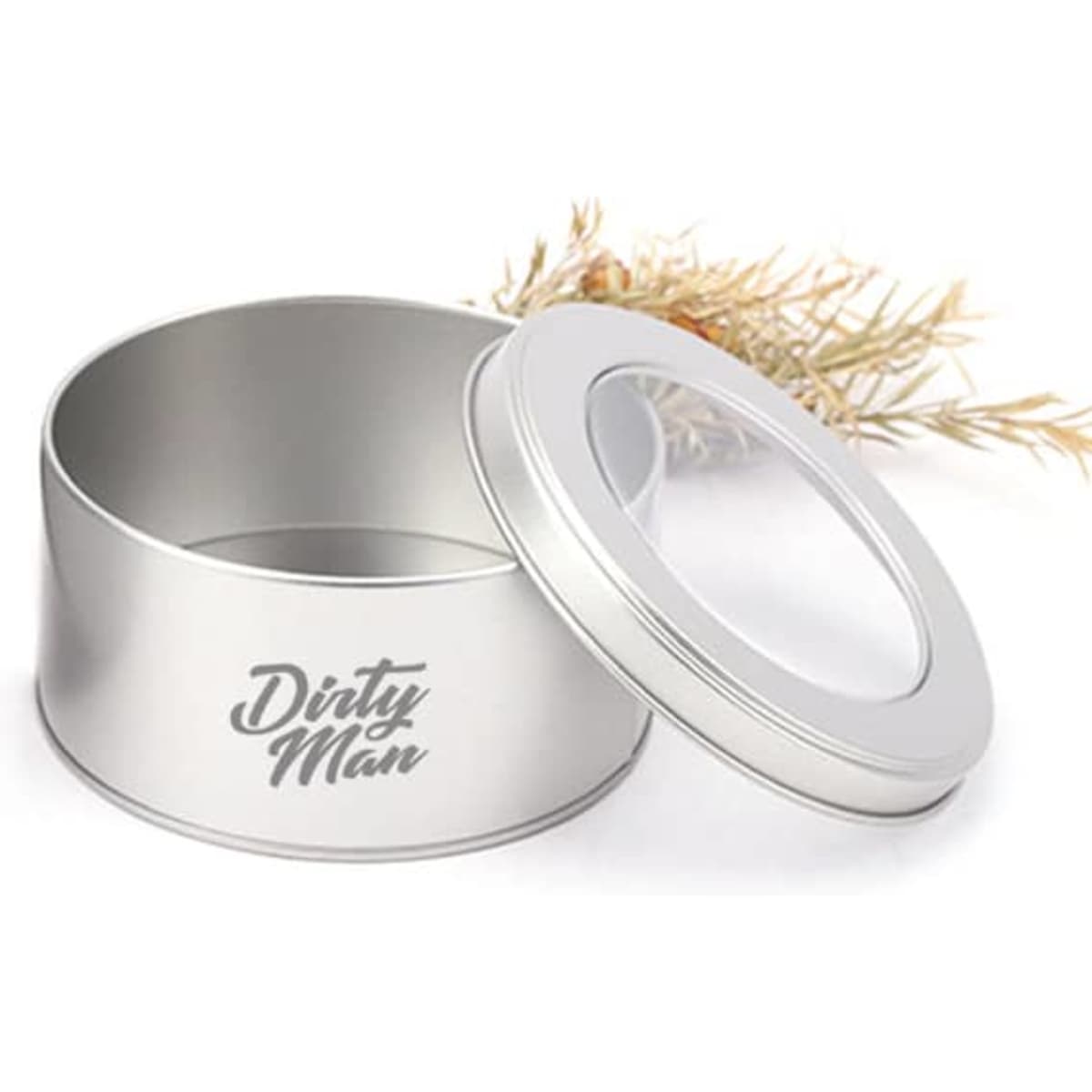 A round silver metal tin canister with a clear window top lid and a logo design.