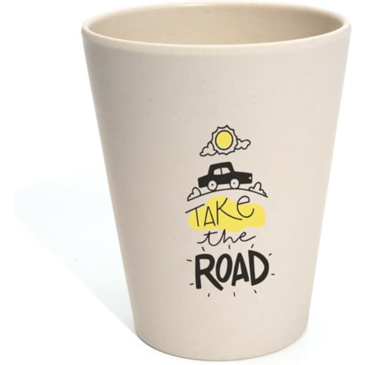 A portable bamboo fibre cup in a neutral colour featuring a car and sun design, along with branding.