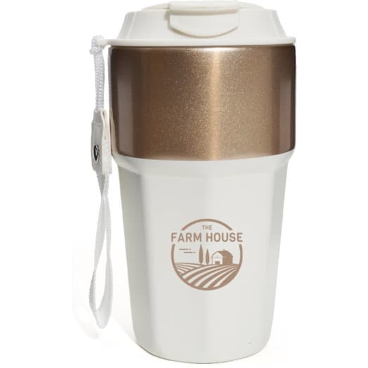 A coffee cup with a white base and a metallic gold top, featuring a logo and a strap.