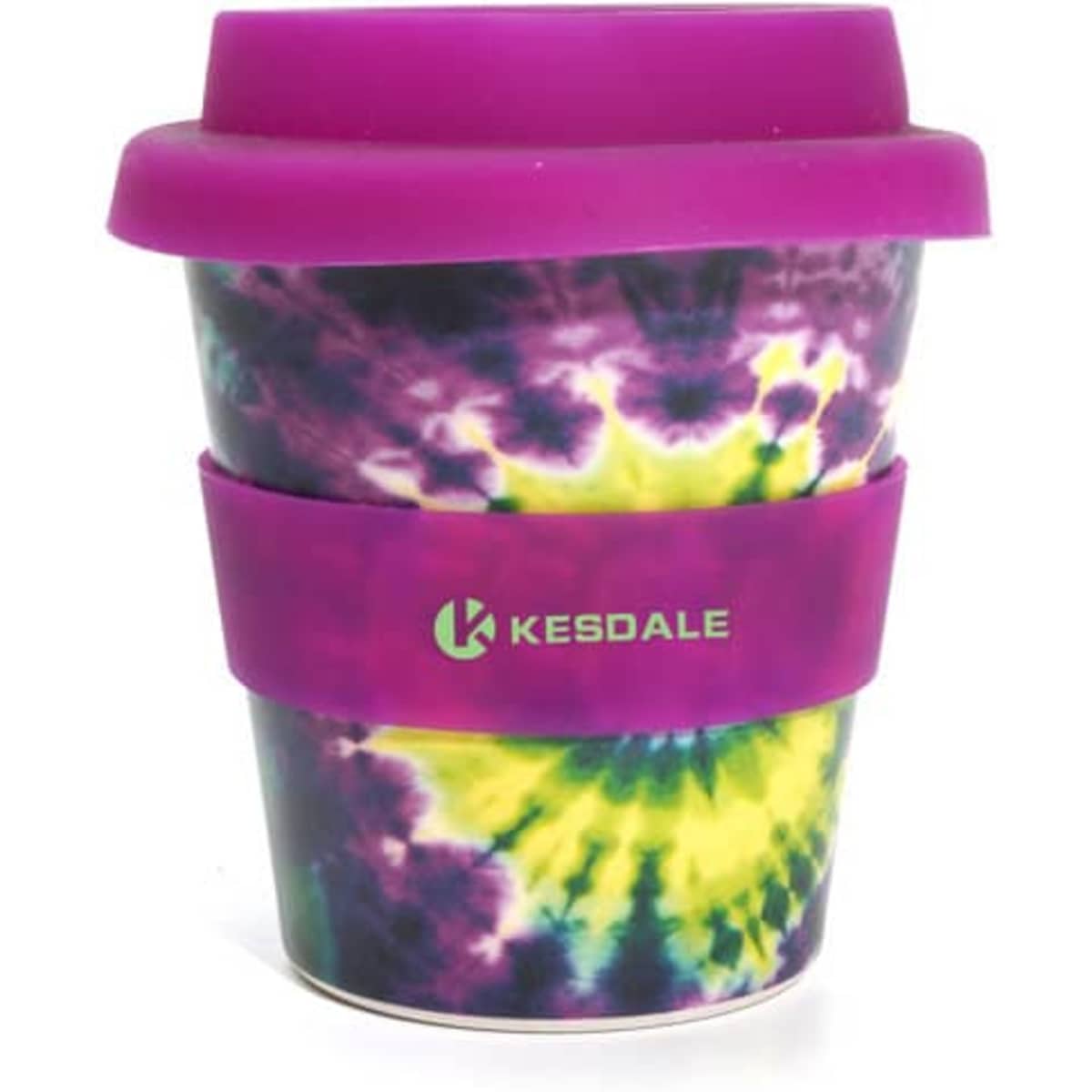 A coffee cup with a tie-dye pattern in purple, yellow, and green, featuring a purple lid and sleeve, with a logo.