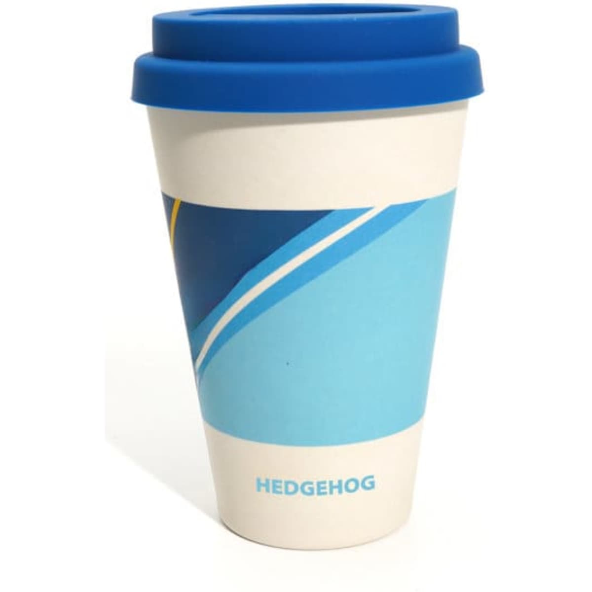 A coffee mug with a blue lid, featuring a blue and white design and a logo.