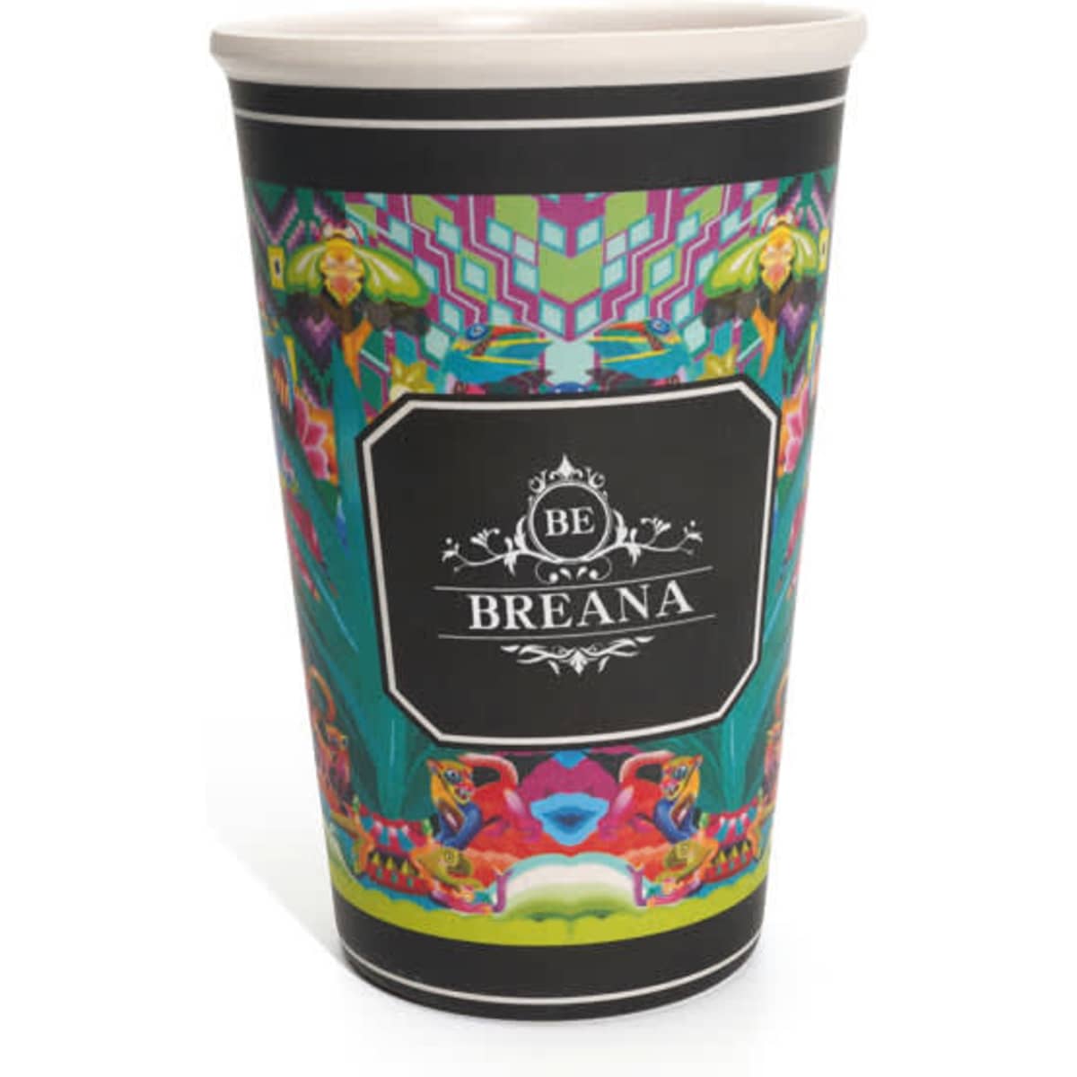 A drink cup made from bamboo fibre featuring vibrant coloured patterns and a logo design.